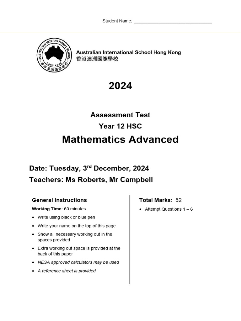 Year 12 HSC Mathematics Test 2024 | PDF | Differential Geometry ...