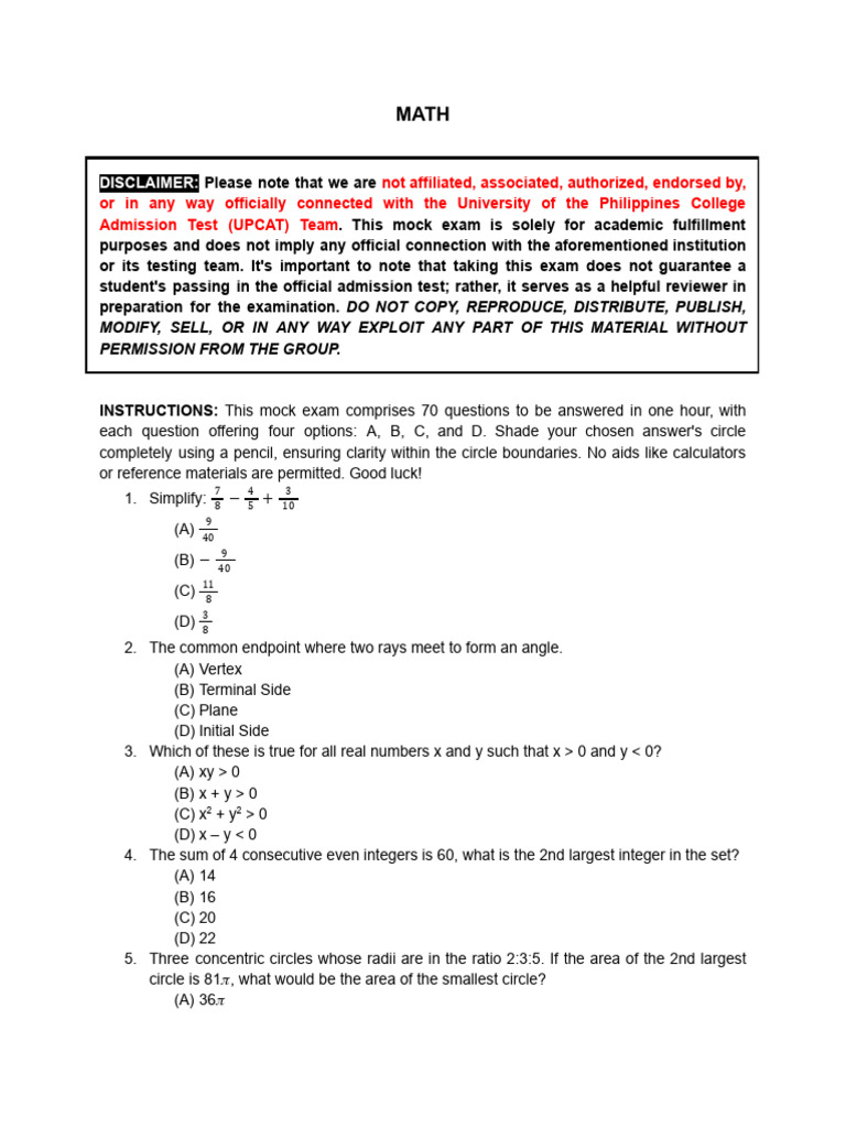 UPCAT Mock Exam: Math Practice Test | PDF | Qualifications | Tests
