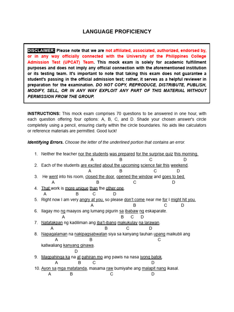 Mock Exam for Language Proficiency | PDF