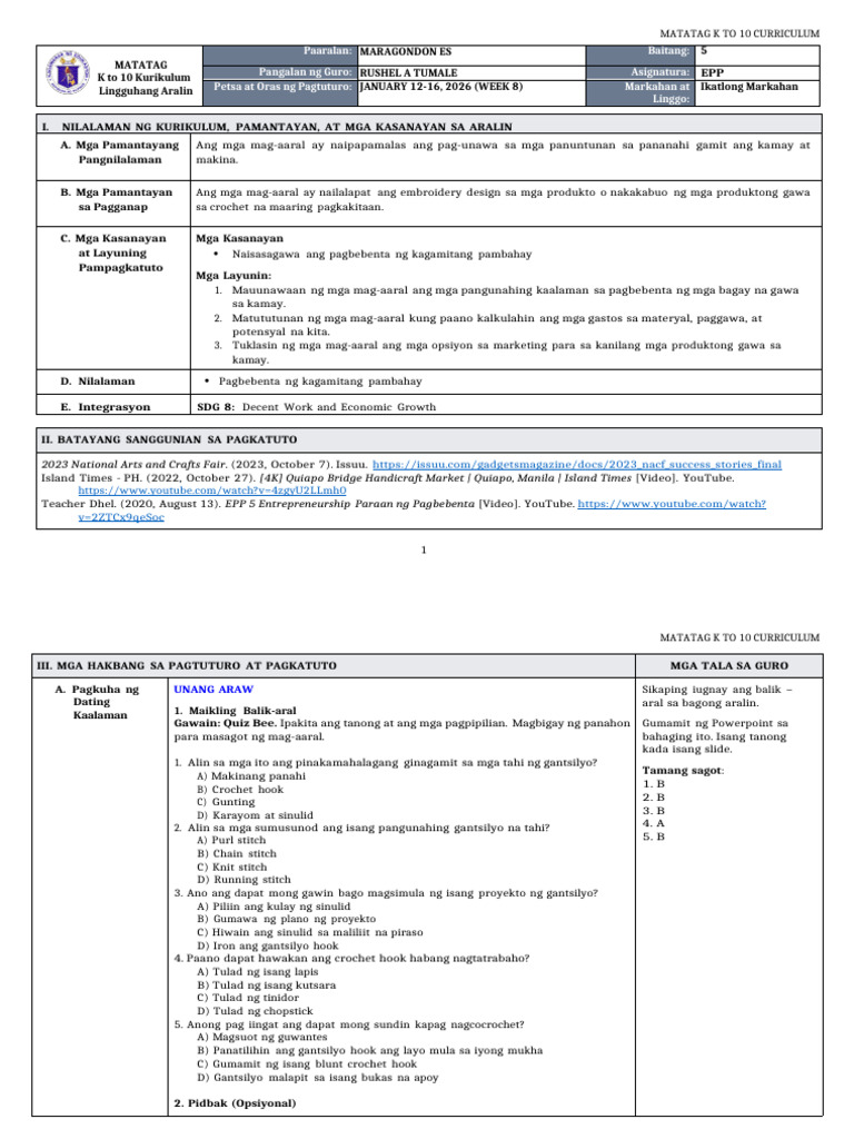 DLL Matatag - Epp 5 q3 w8 | PDF