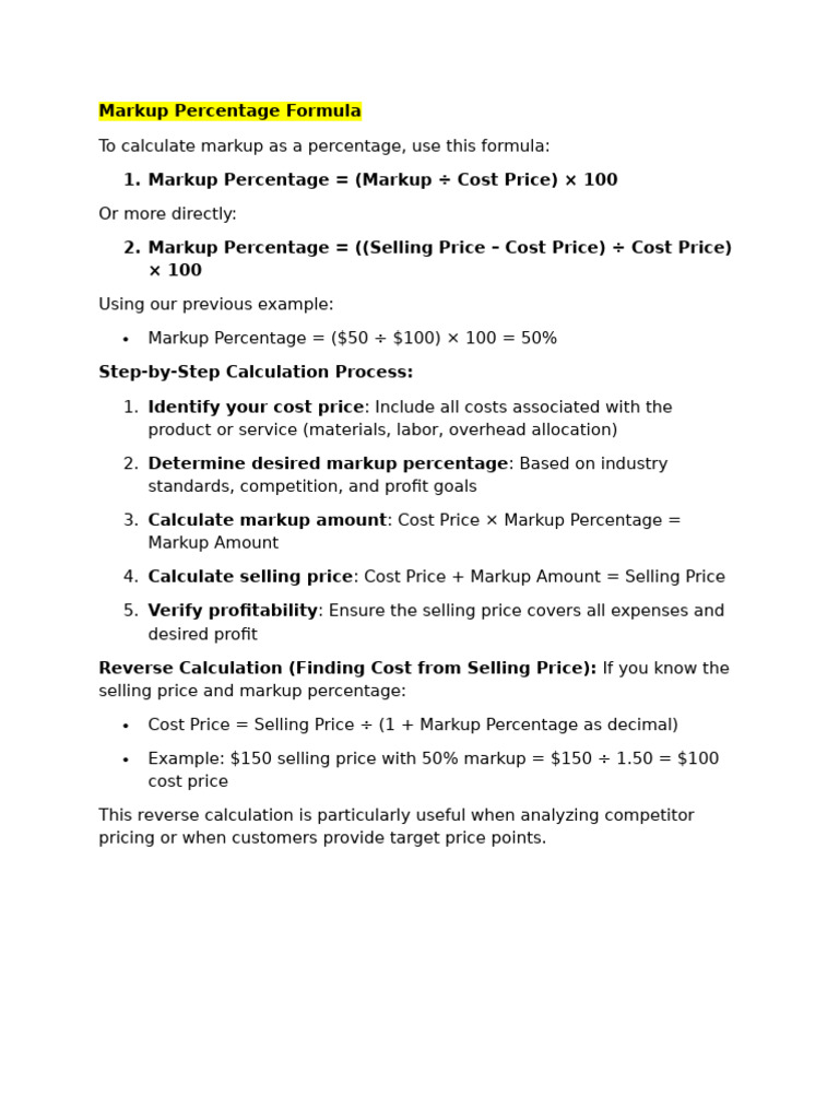 Markup Percentage Calculation Guide | PDF