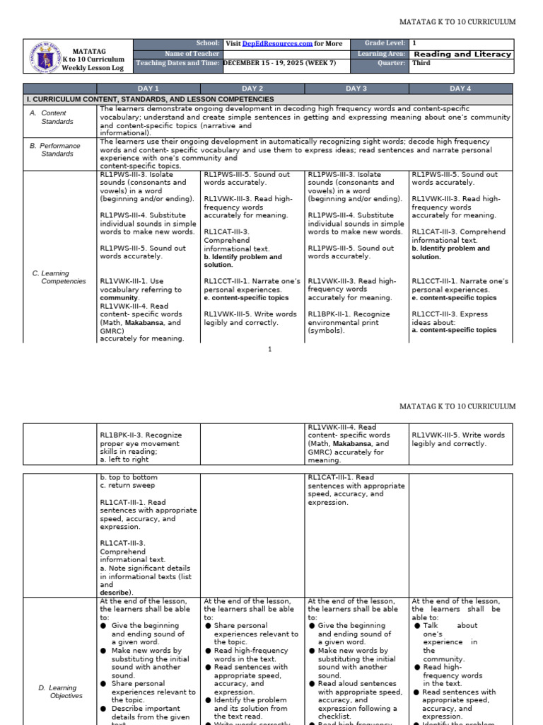 DLL Matatag - Reading & Literacy 1 q3 - w7 | PDF | Reading ...