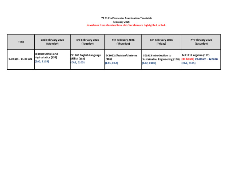 February 2026 Exam Timetable | PDF