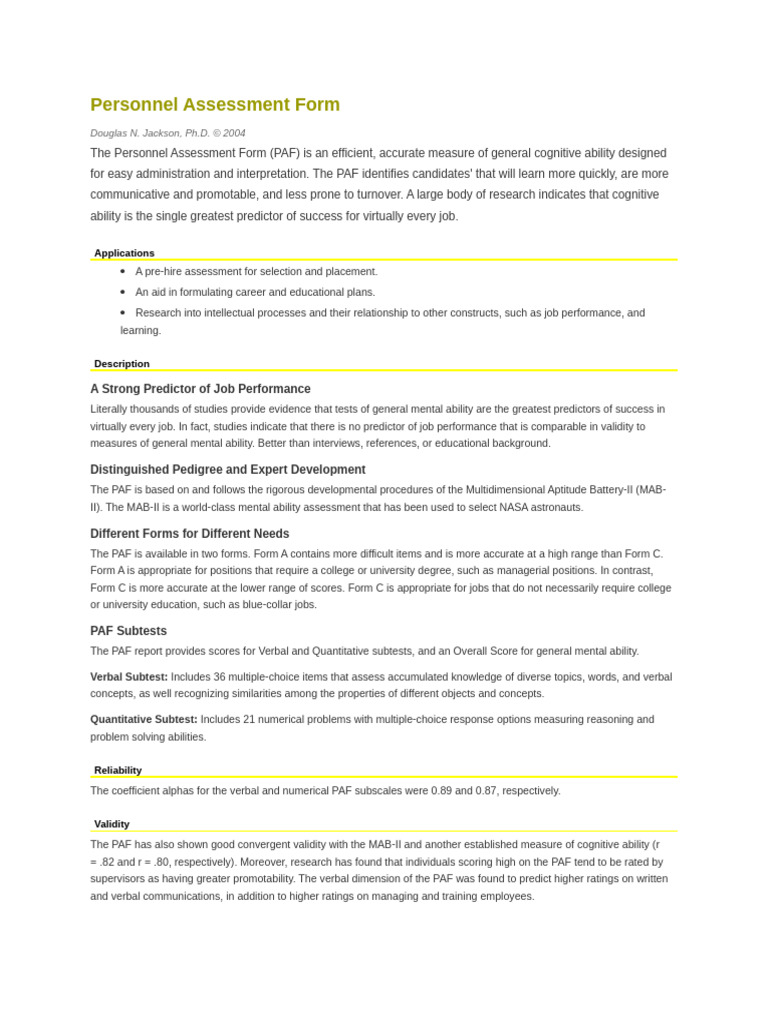 Personnel Assessment Form Overview | PDF | Validity (Statistics) | Learning