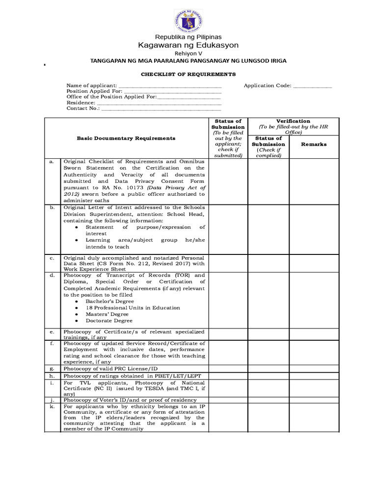 Checklist for Teaching Position Application | PDF