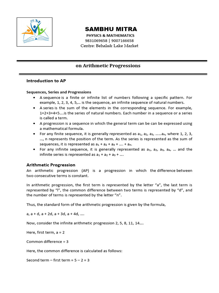 Arithmetic Progressions Class X Notes | PDF | Sequence | Volume