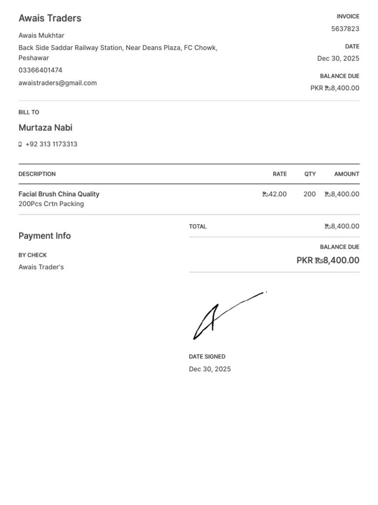 Invoice for Facial Brushes - Awais Traders | PDF
