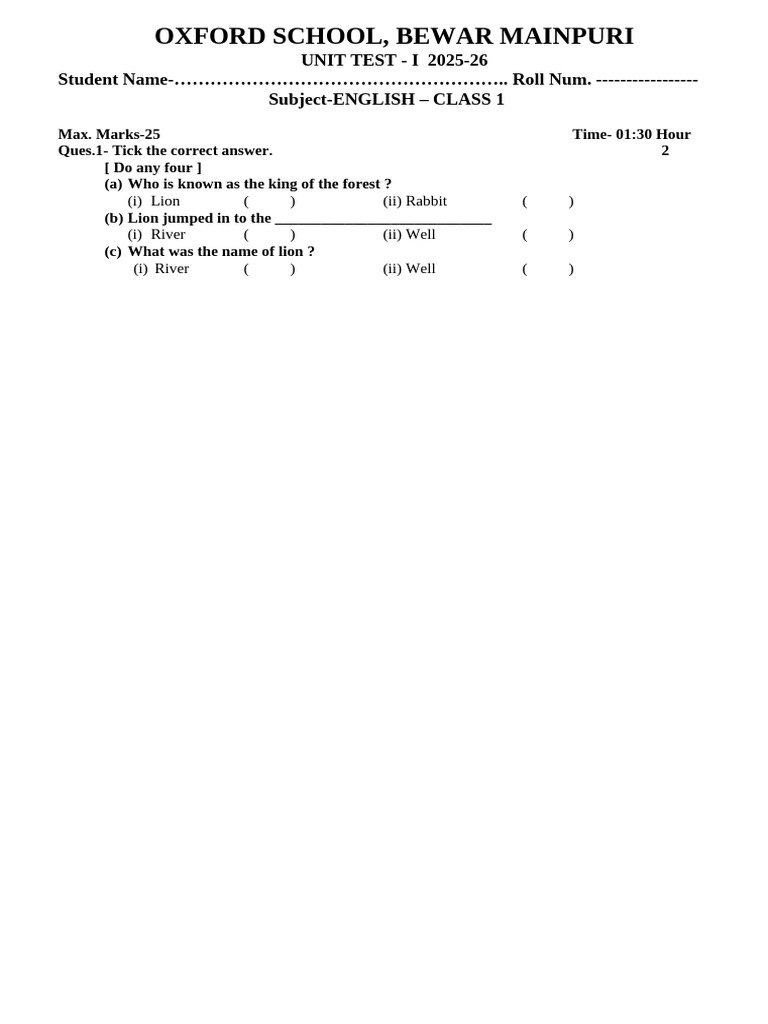 Class 1 English Unit Test 2025-26 | PDF