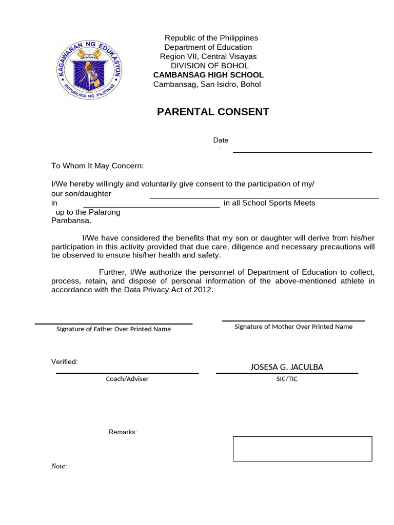 Parental Consent for School Sports Participation | PDF