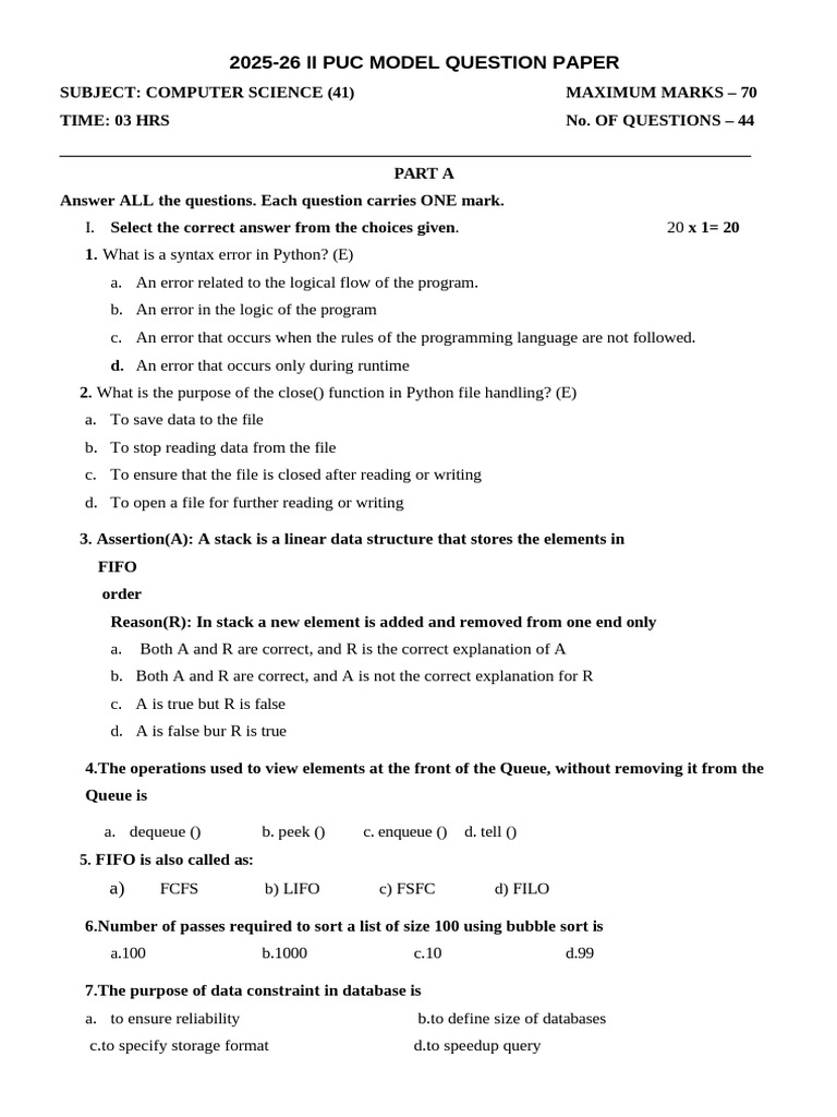 2025-26 II PUC Computer Science Model Paper | PDF | Queue (Abstract ...