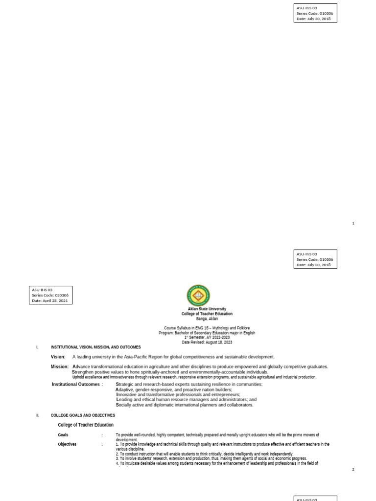 ENG 15 Syllabus: Mythology & Folklore | PDF | Egyptian Mythology | Folklore
