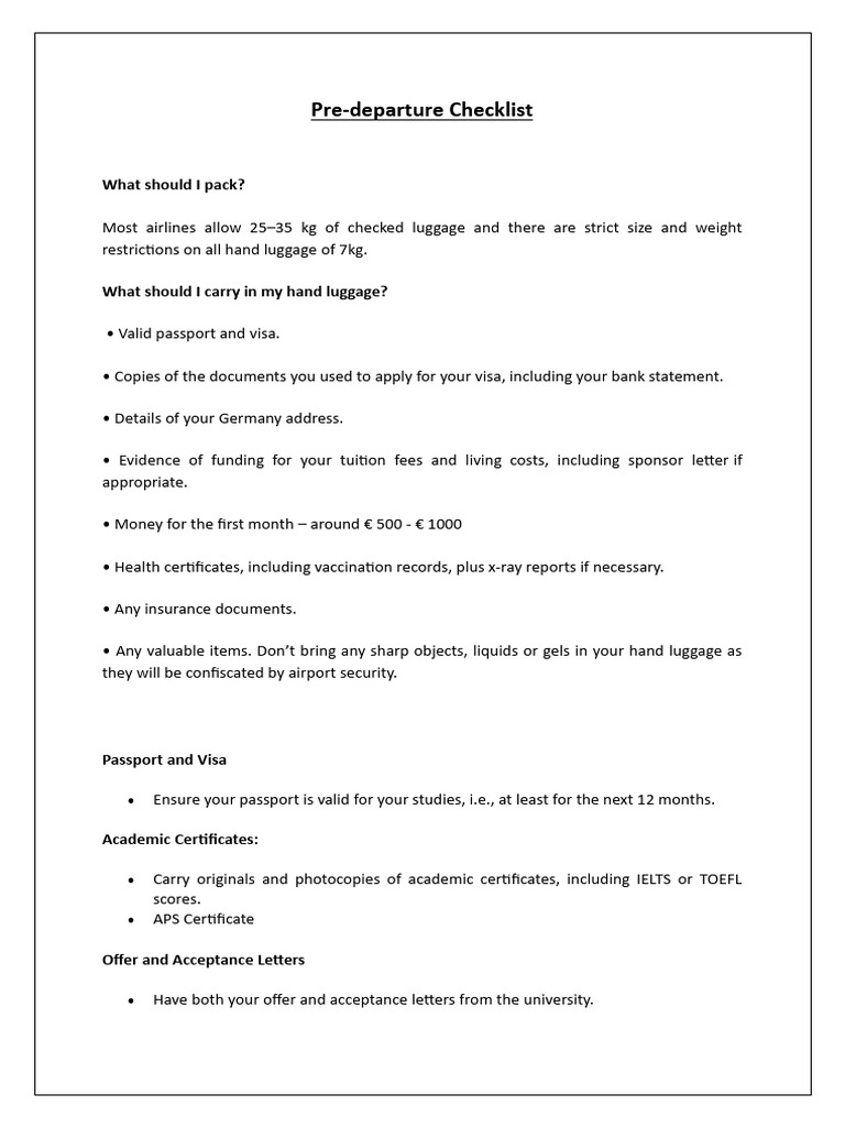 Essential Pre-Departure Checklist for Germany | PDF