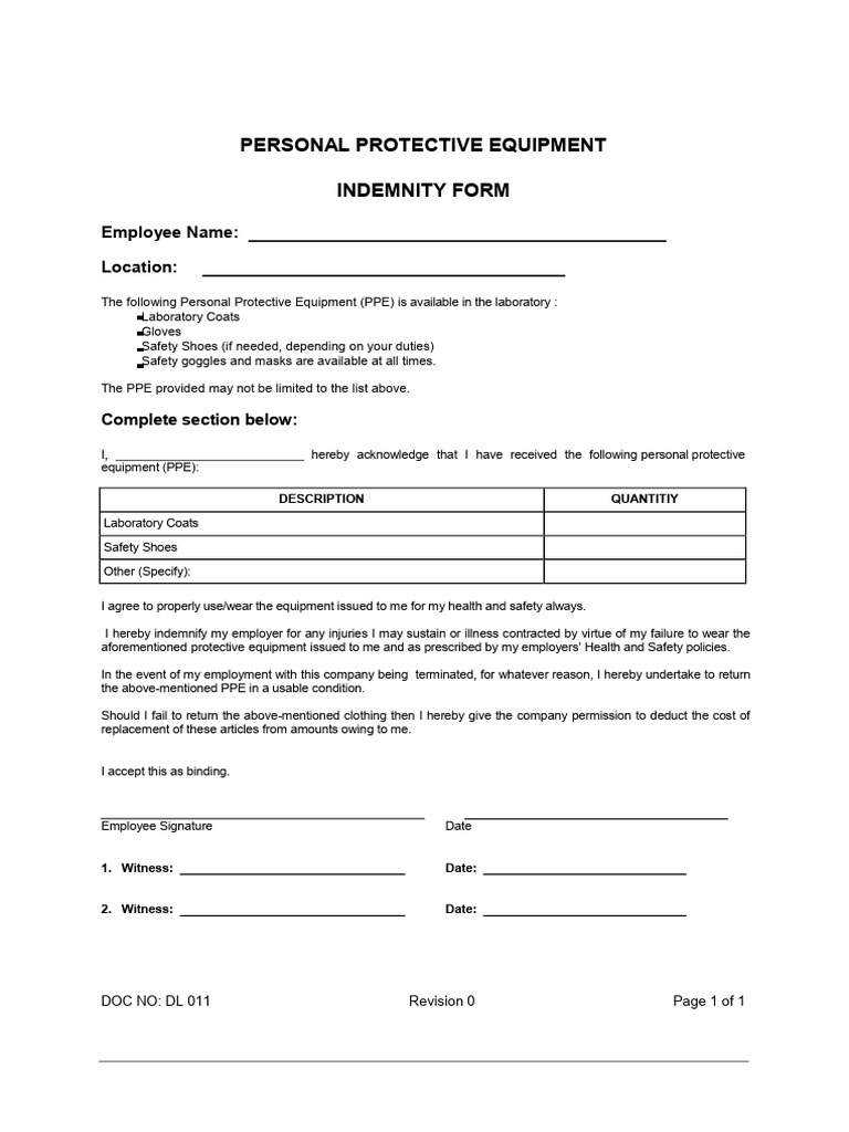 PPE Indemnity Form for Employees | PDF