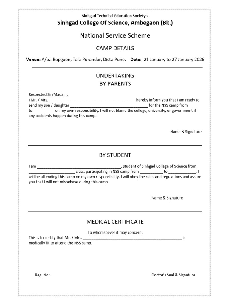 NSS Camp Undertaking and Rules 2026 | PDF | Chess Theory | Chess