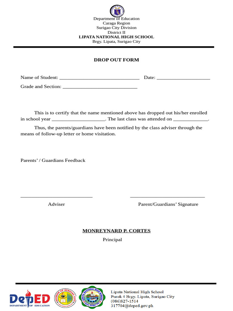 Lipata National High School Dropout Form | PDF