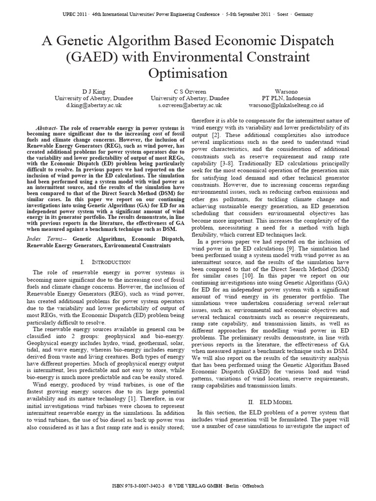 A Genetic Algorithm Based Economic Dispatch GAED With Environmental ...
