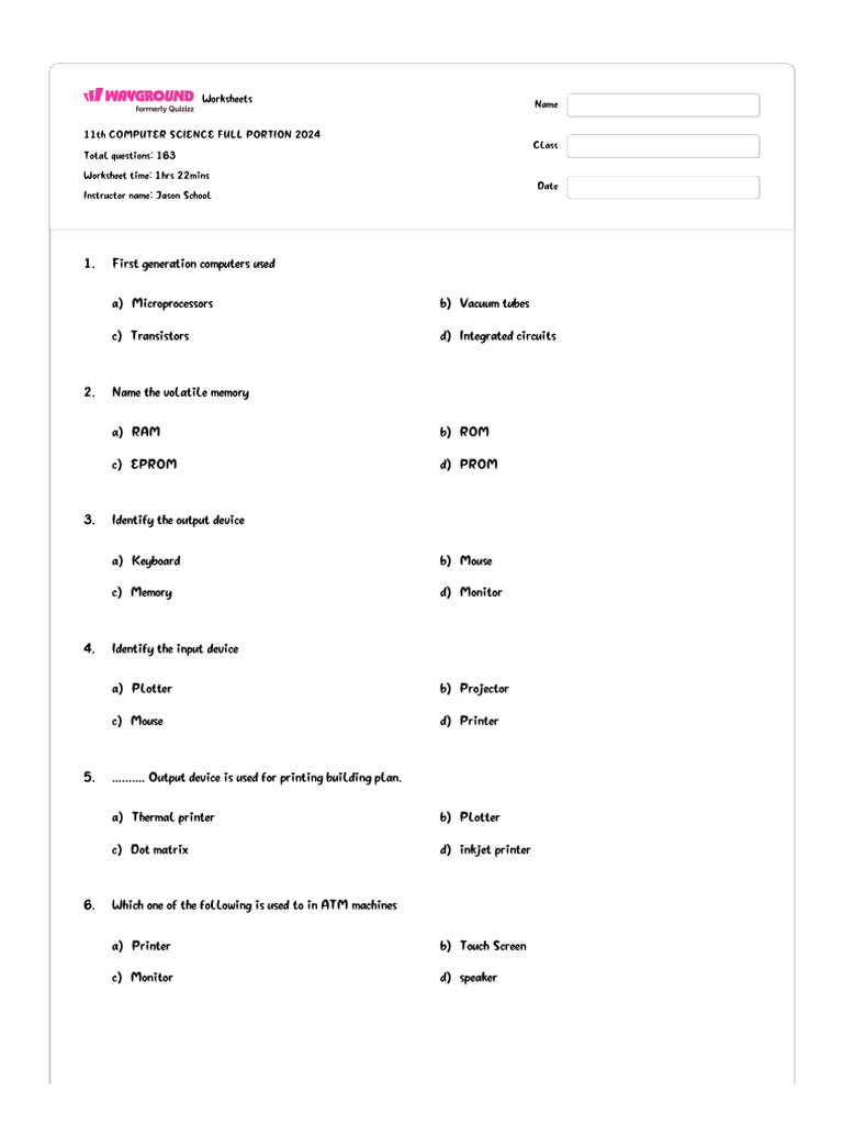 11th Grade Computer Science Worksheets 2024 | PDF | Operating System ...