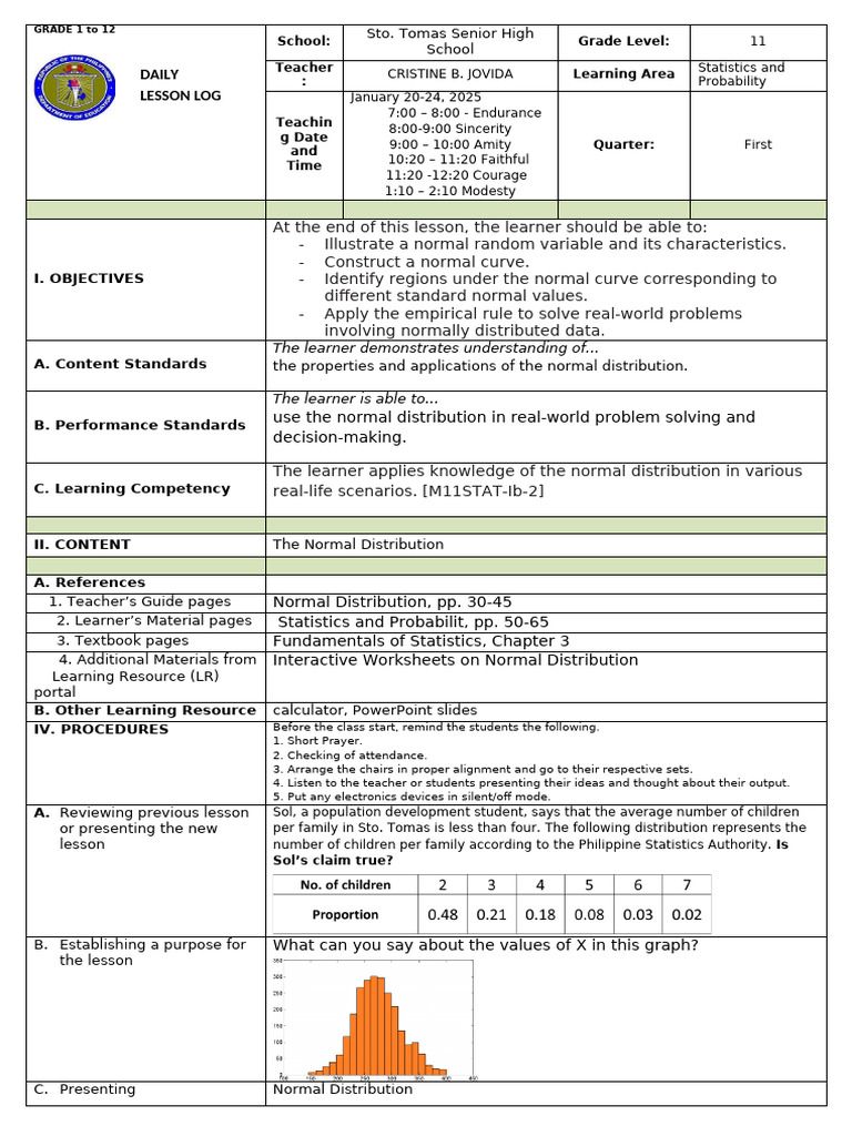 Normal Distribution Lesson Plan for Grade 11 | PDF | Normal ...