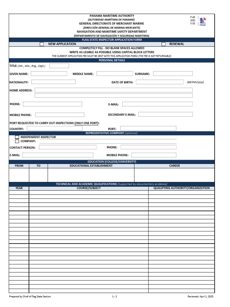 Flag State Inspector Application Form | PDF | Ships | Water Transport