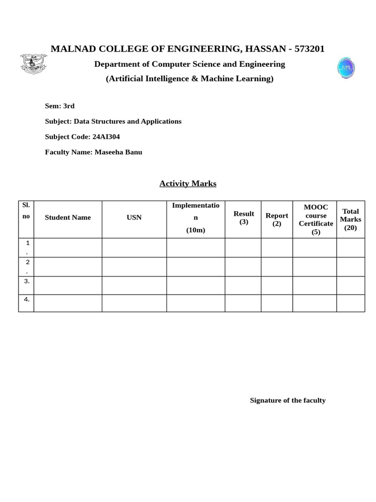 Activity Marks Sheet 3rd Sem | PDF