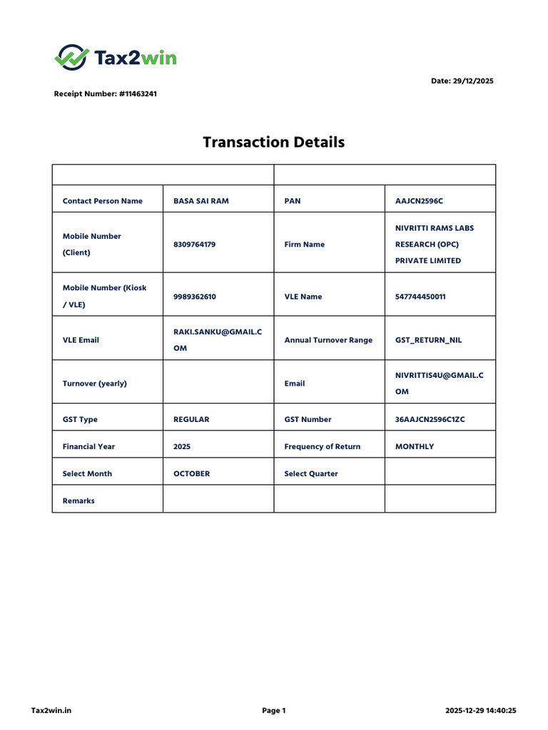 GST Return Receipt for NIVRITTI RAMS LABS | PDF