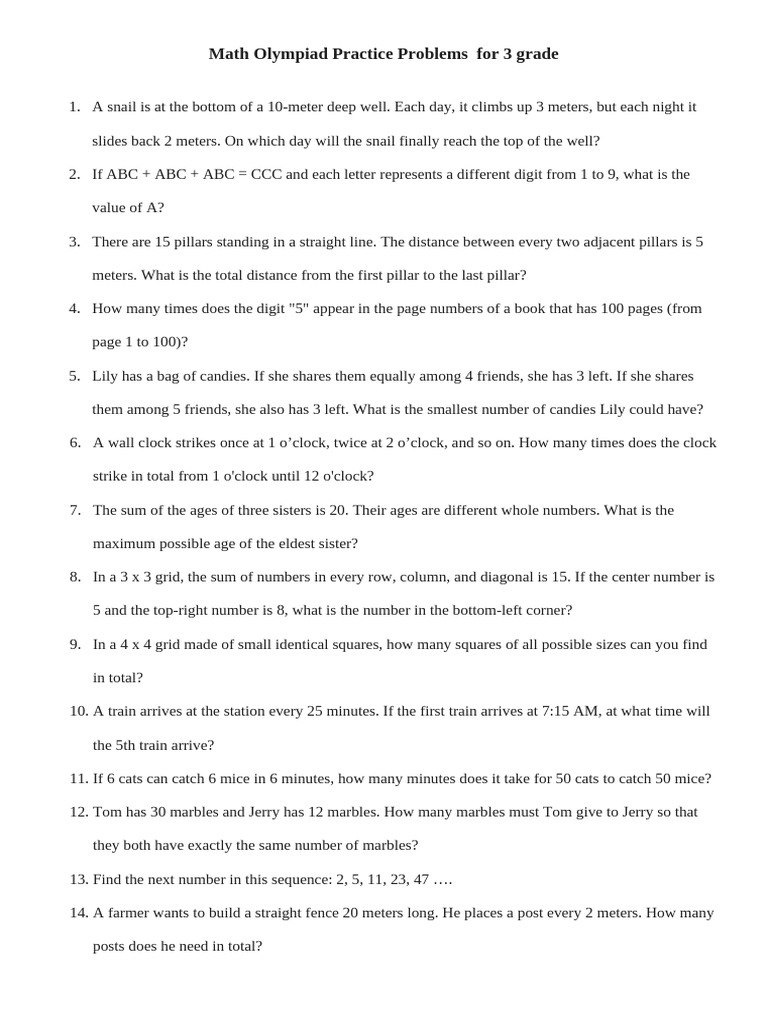 Grade 3 Math Olympiad Problems | PDF