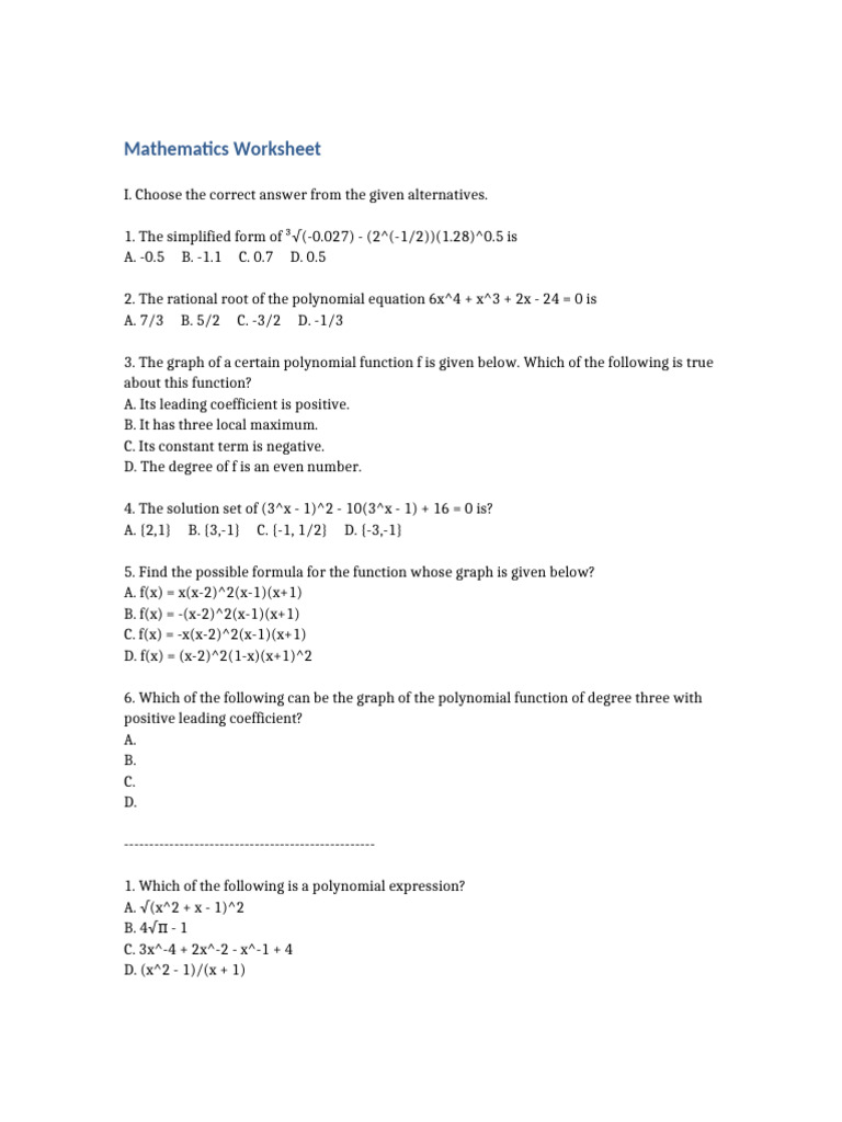 Math Worksheet: Polynomial Functions & Relations | PDF | Polynomial ...