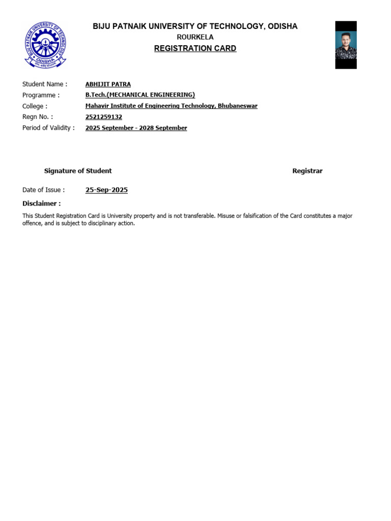 BPUT Odisha Student Registration Cards | PDF