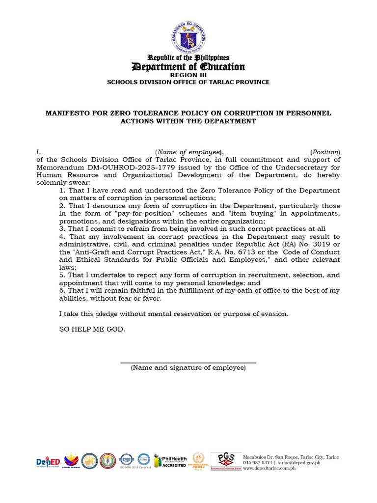 Zero Tolerance Policy on Corruption Pledge | PDF