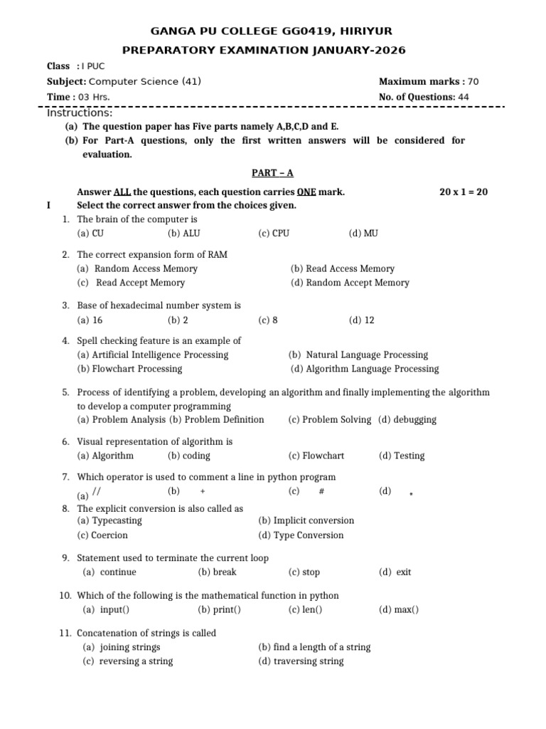 I PUC Computer Science Exam Paper | PDF | String (Computer Science ...