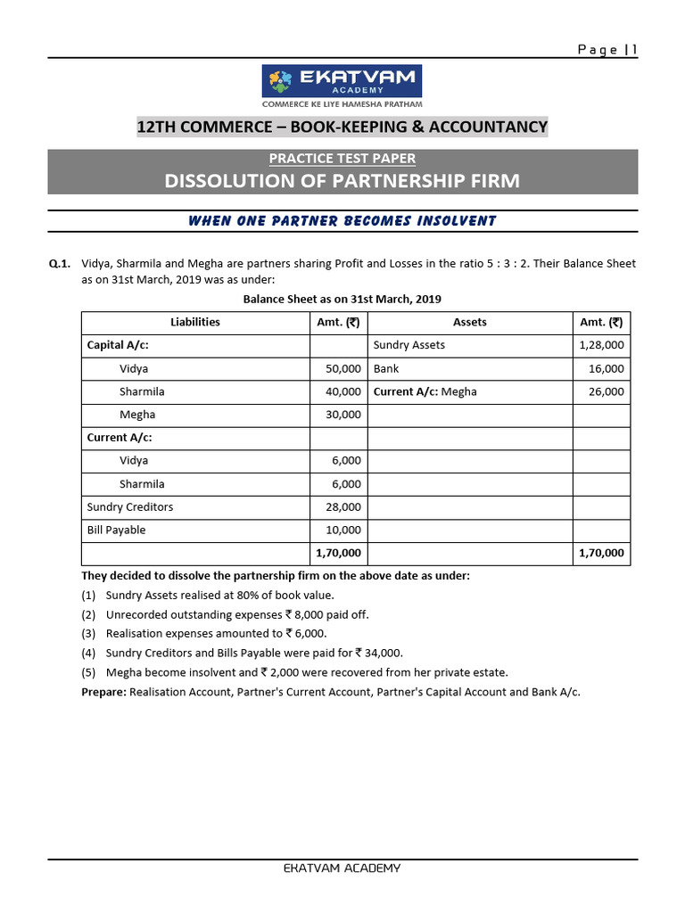 Partnership Dissolution Practice Test | PDF | Balance Sheet | Insolvency
