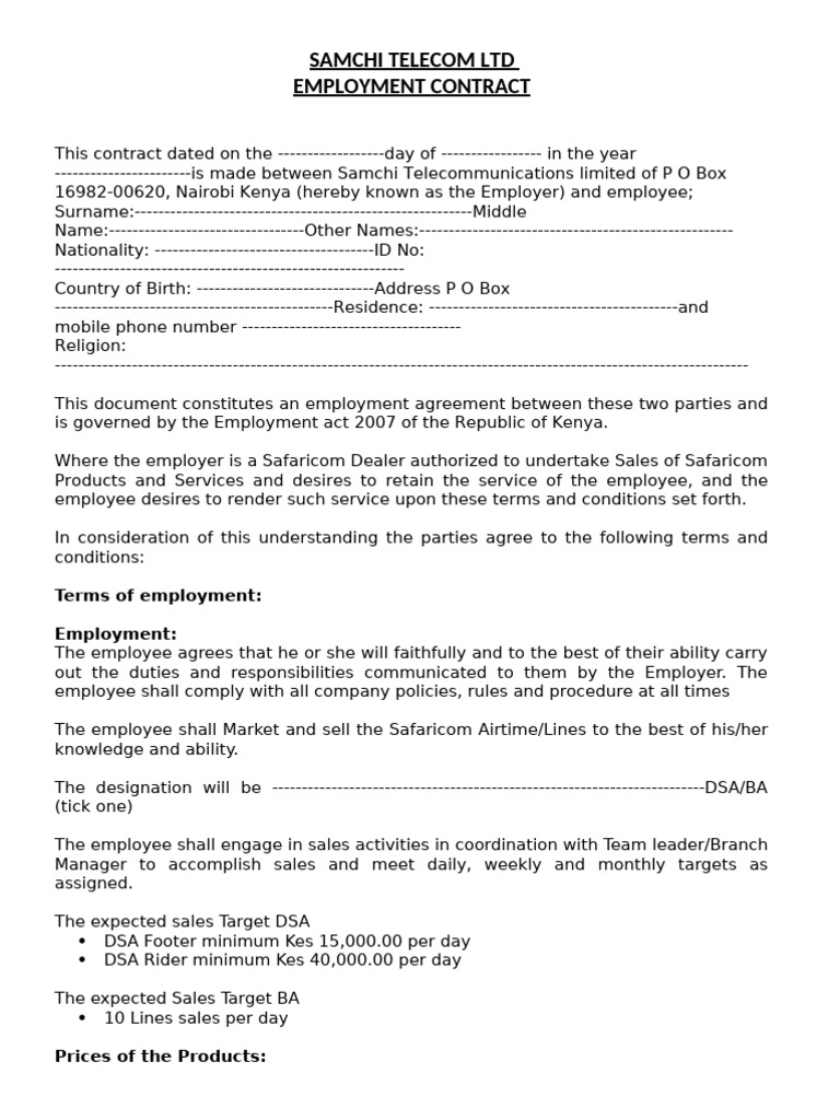 Samchi Telecom Employment Contract Template | PDF | Employment | Civil ...