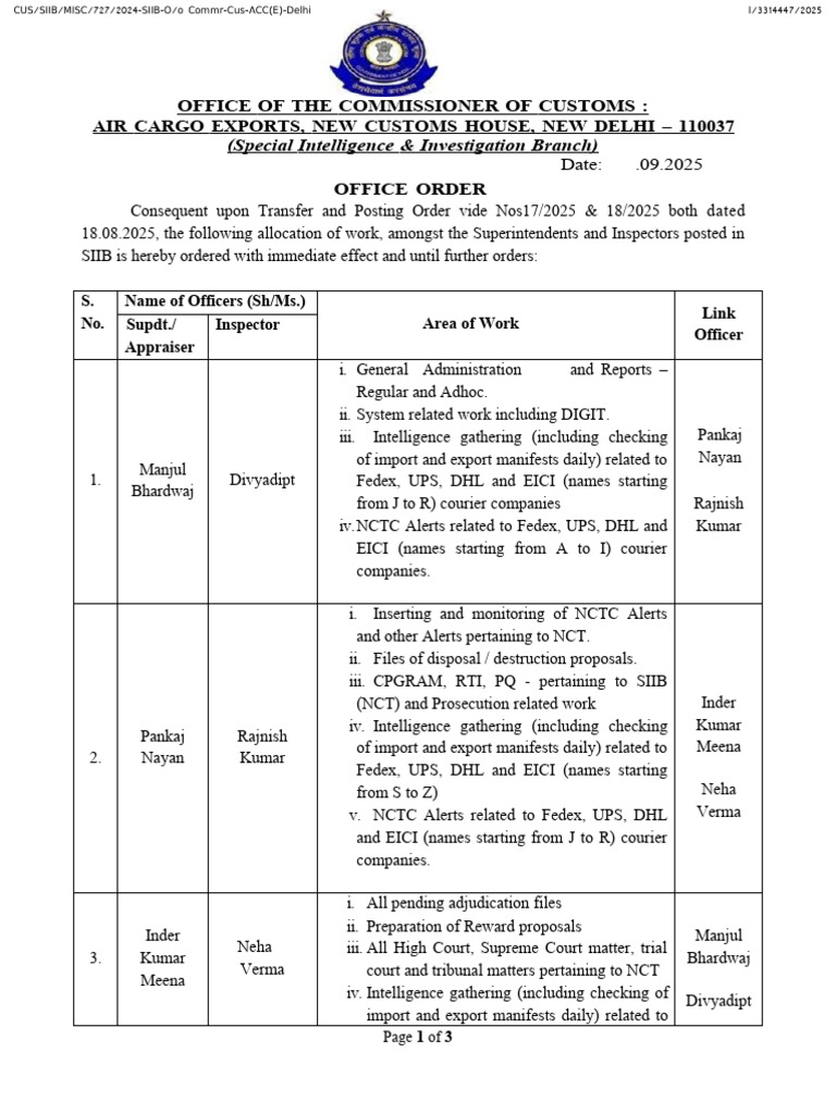 Customs Office Work Allocation Order | PDF