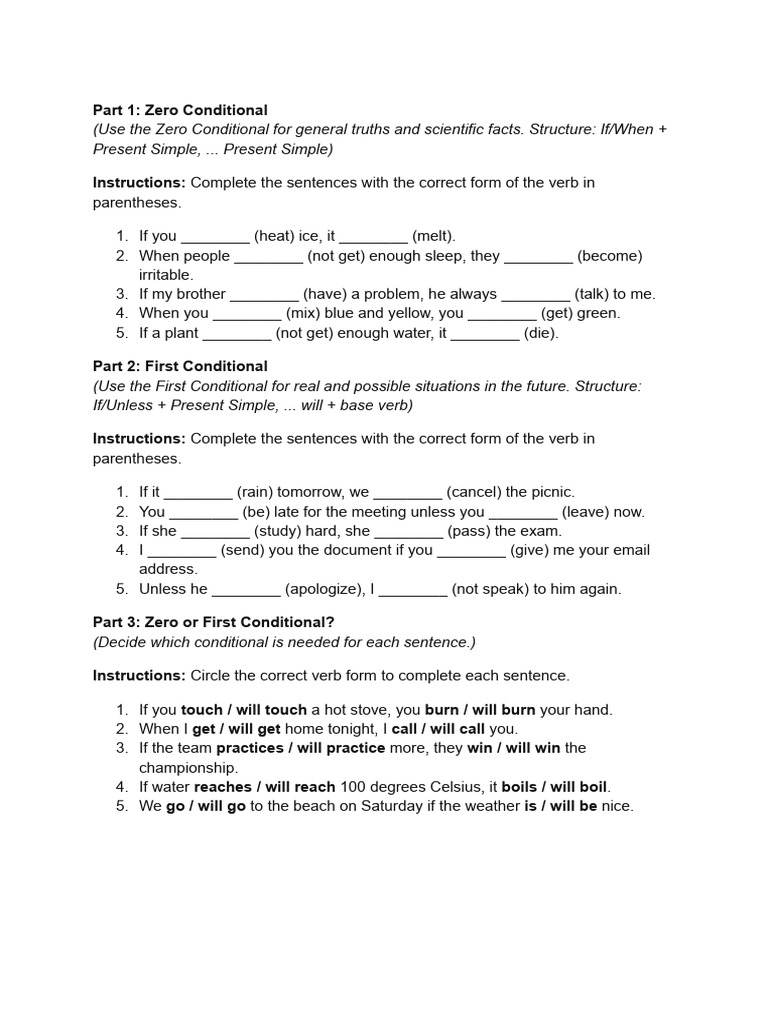 Zero and First Conditional Exercises | PDF