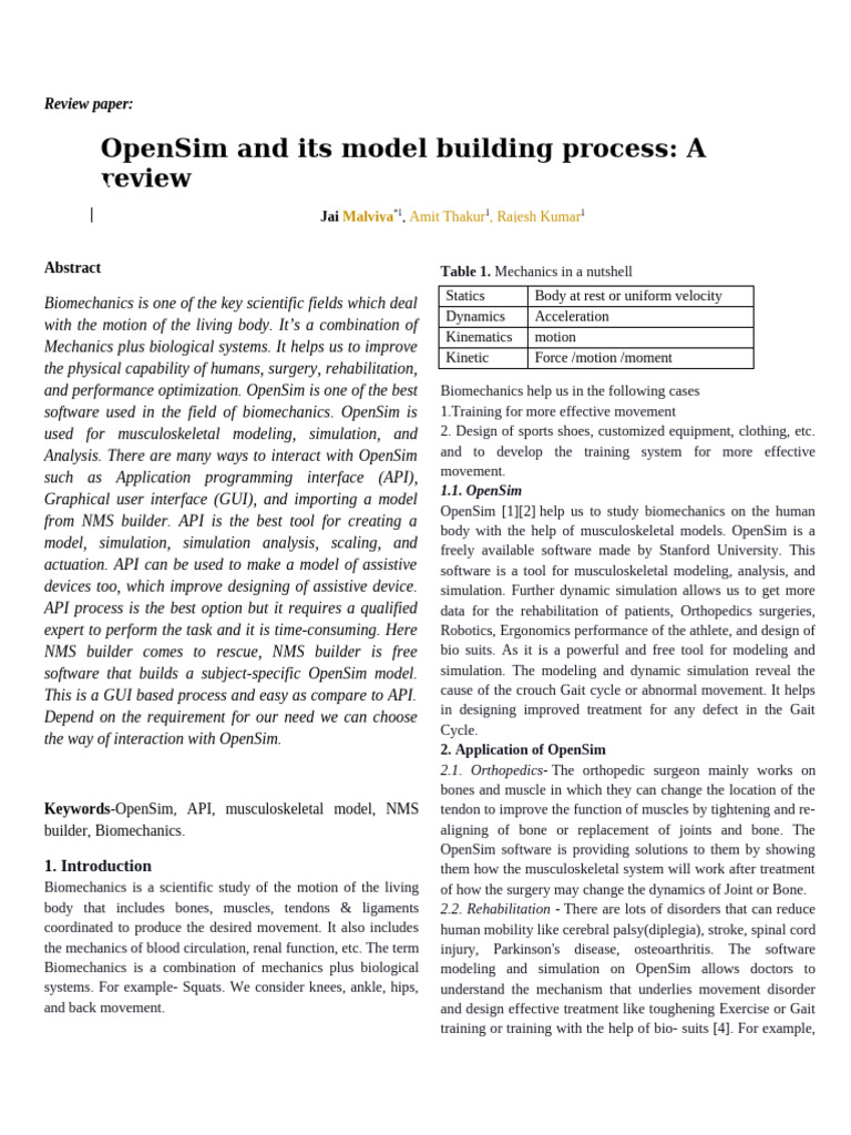 OpenSim in Biomechanics: A Review | PDF | Simulation | Biomechanics