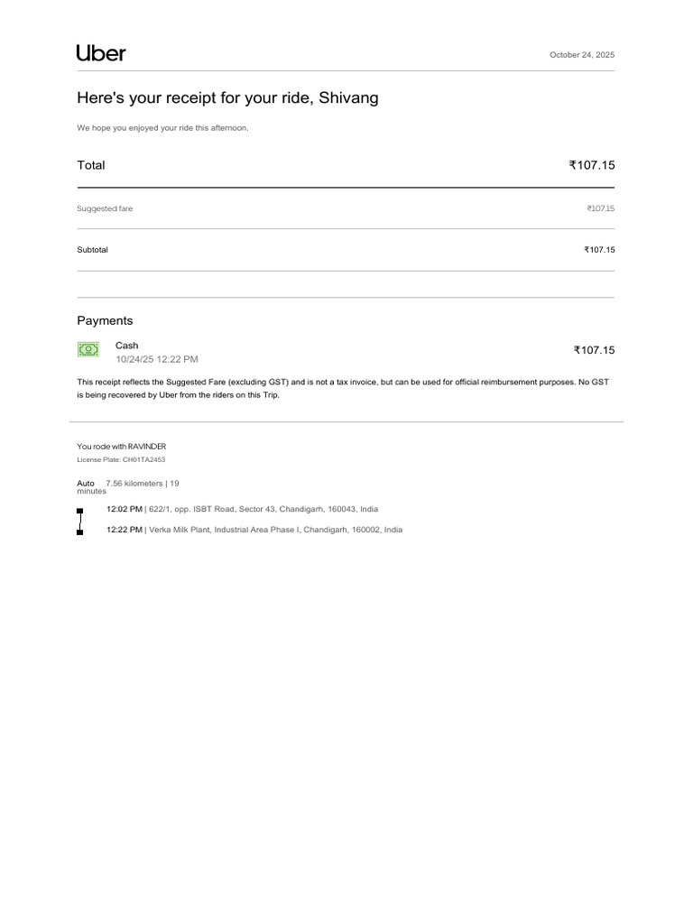 Uber Ride Receipt - Chandigarh Trip | PDF