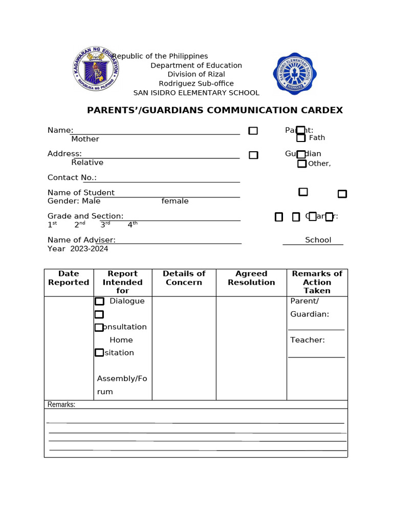 Parents' Communication Cardex Template | PDF