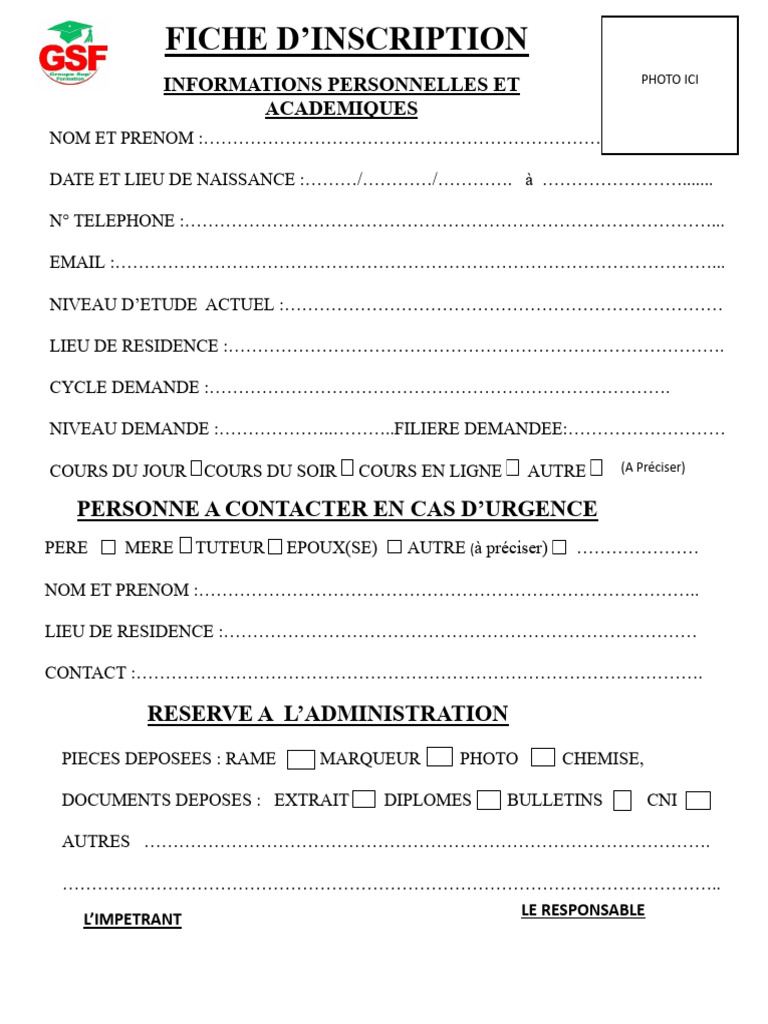 Fiche d'inscription académique complète | PDF