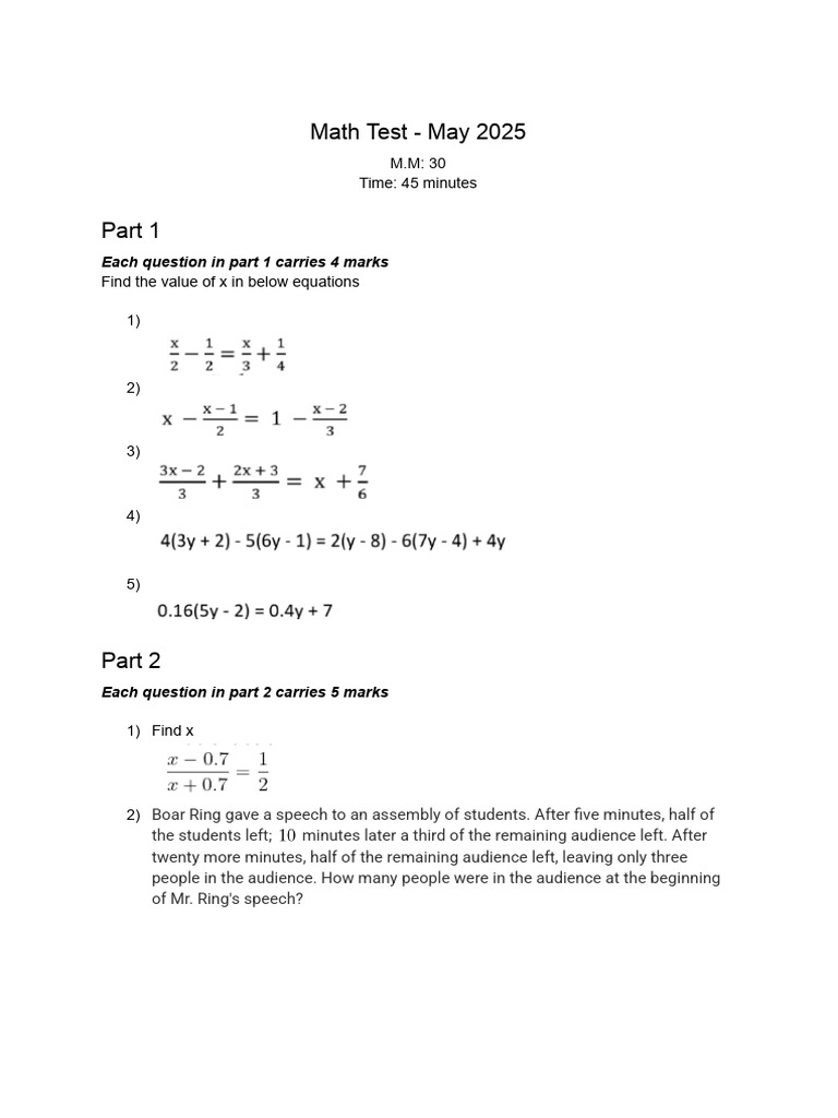 Math Test Questions for May 2025 | PDF