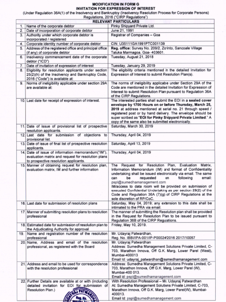 Form G - Pinky Shipyard Pvt Ltd_2019!03!18 12-54-54 | PDF
