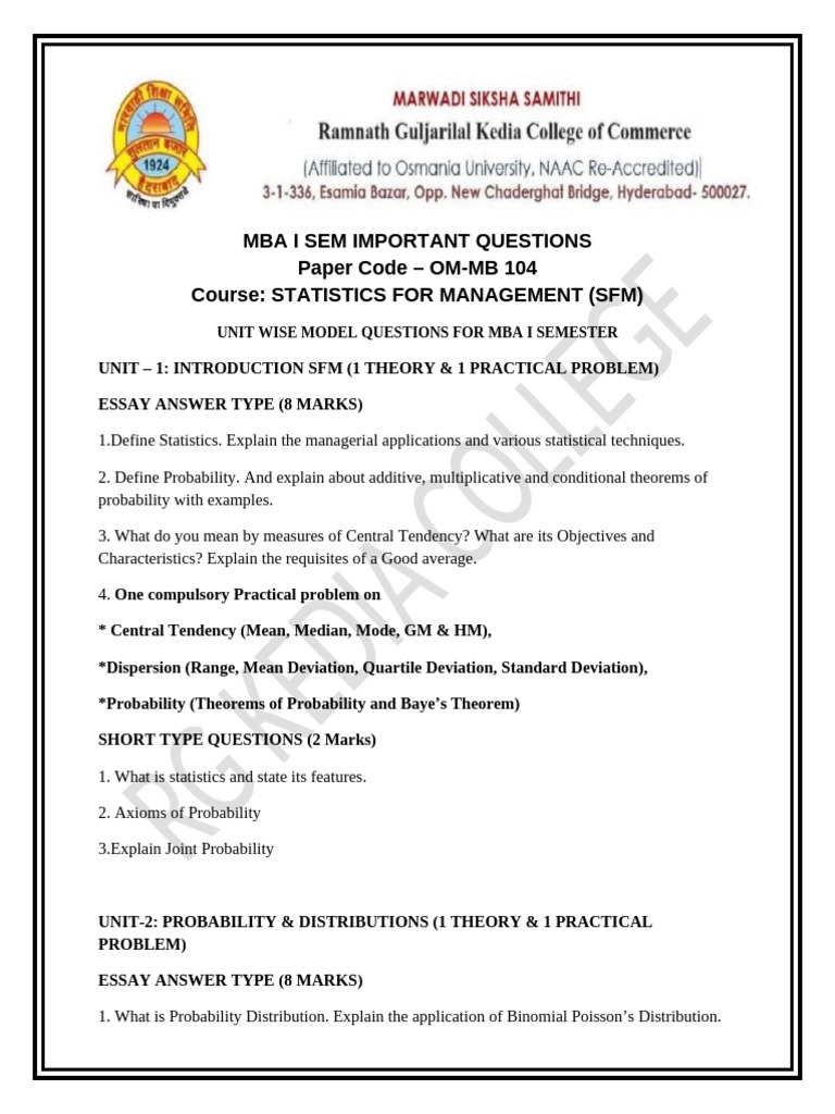 MBA I Sem Statistics Important Questions | PDF | Chi Squared Test ...