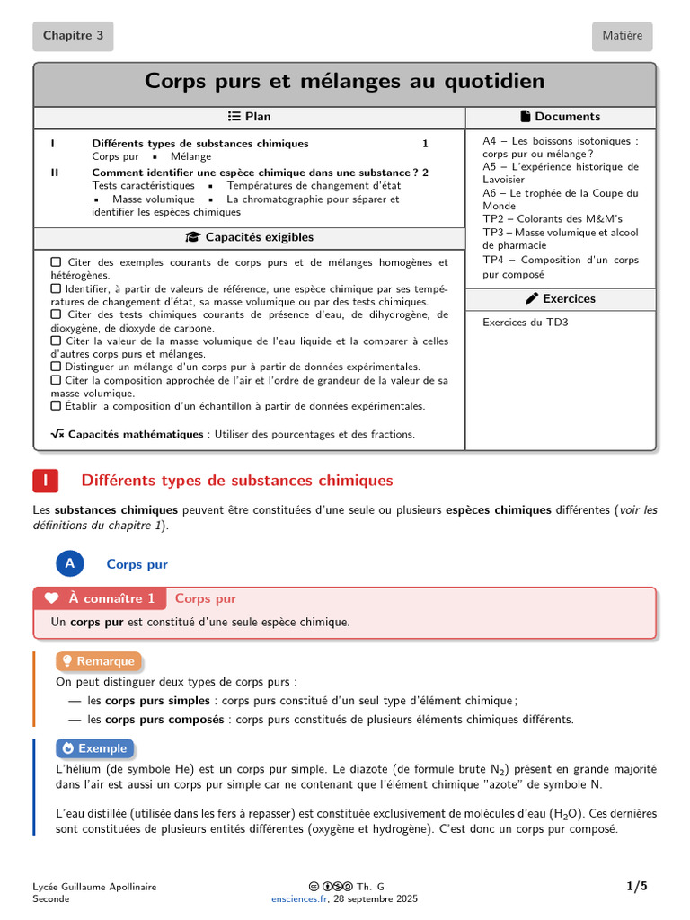 Corps purs et mélanges : identification chimique | PDF | Chimie | Eau