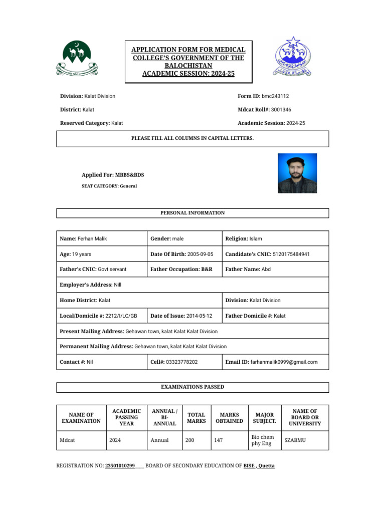 Medical College Application Form 2024-25 | PDF | Pakistan