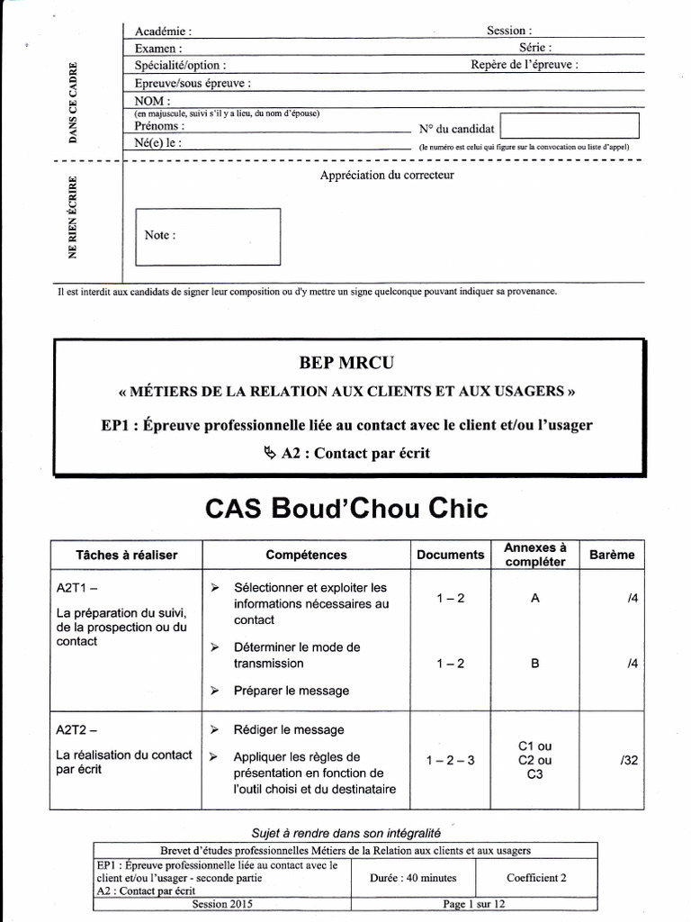 Épreuve écrite BEP MRCU 2015 | PDF | Fax | Télécommunications