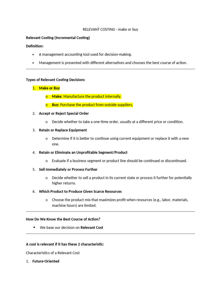 Relevant Costing: Make or Buy Decisions | PDF | Cost | Business Economics