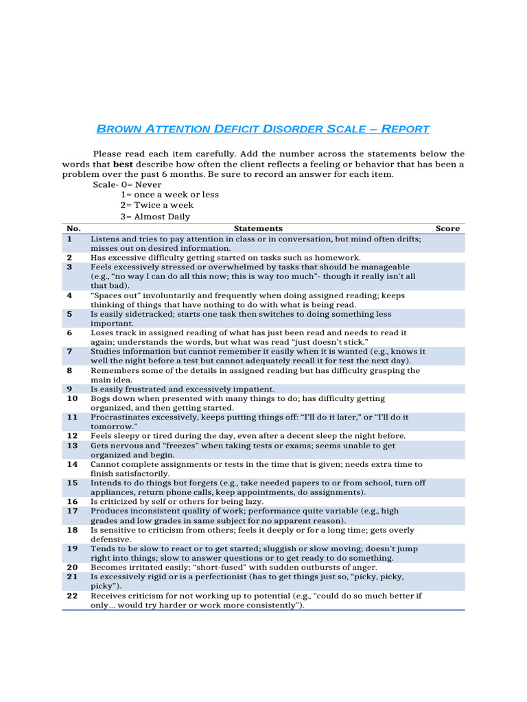 Brown ADHD Assessment Scale Report | PDF | Attention | Psychological ...