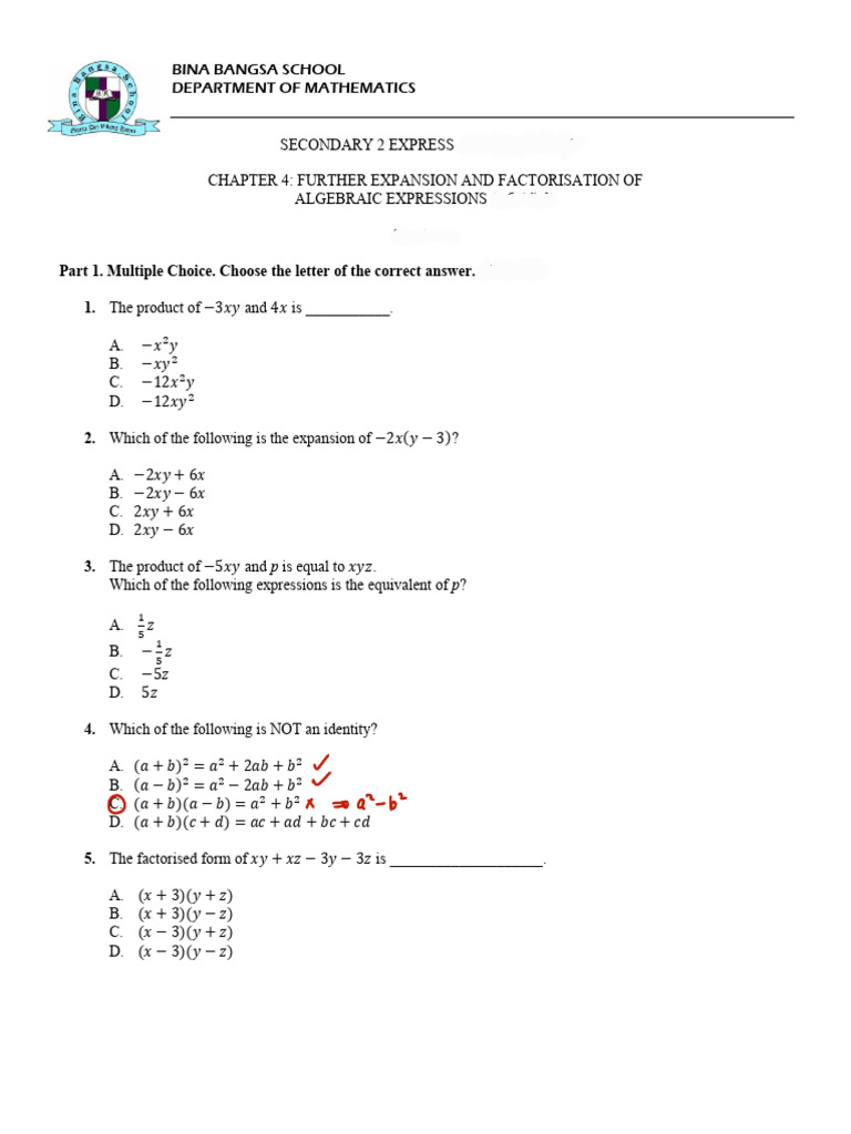 Secondary 2 Algebra Test: Expansion & Factorisation | PDF | Arithmetic ...
