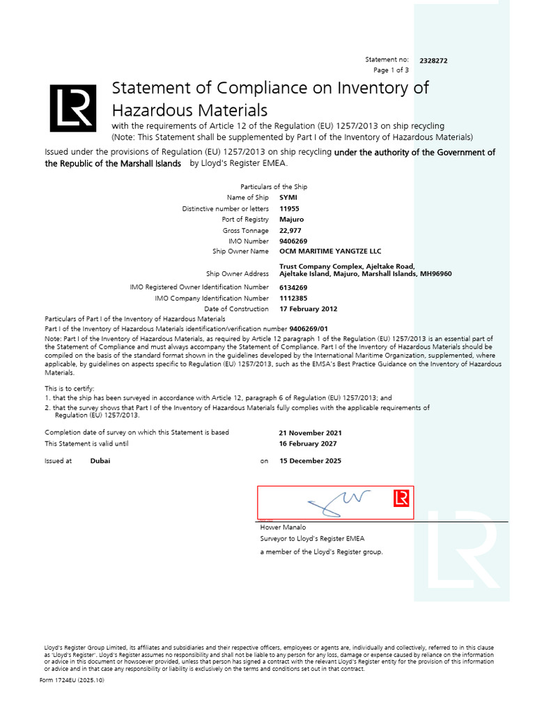 13.1 Statement on Inventory of Hazardous Materials 1724EU 2328272 | PDF ...