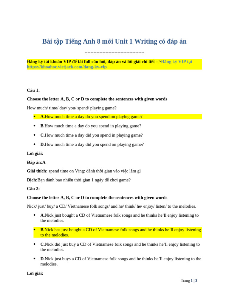 Bai Tap Tieng Anh 8 Moi Unit 1 Writing Co Dap An 2025-12-29 | PDF