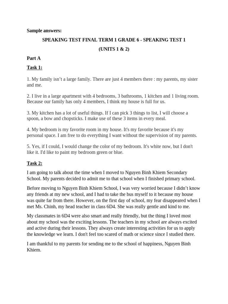 Grade 6 Speaking Test Sample Answers | PDF
